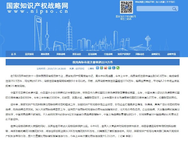 我國商標有效注冊量超2274萬件